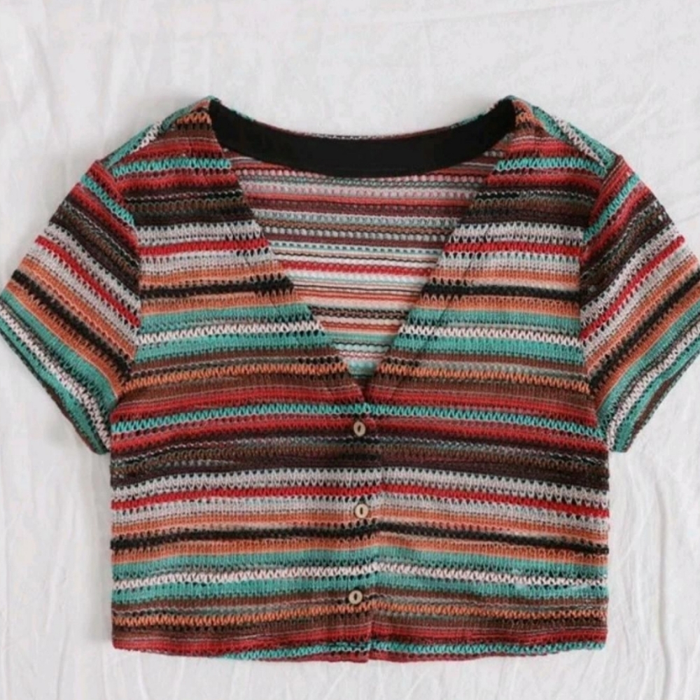 V Neck Button Striped Multicolor Crop Top SHEIN